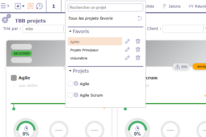 Organisation des projets favoris pour le pilotage de projets dans ProjeQtOr