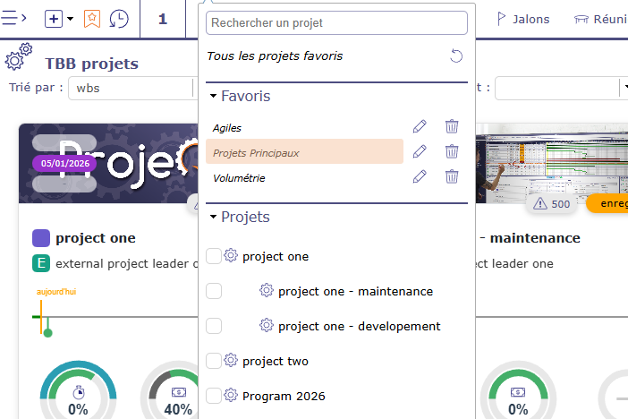 Organisation des projets favoris pour le pilotage de projets dans ProjeQtOr