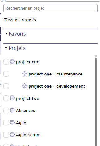 Sélecteur de projets avec favoris pour naviguer dans un programme ProjeQtOr