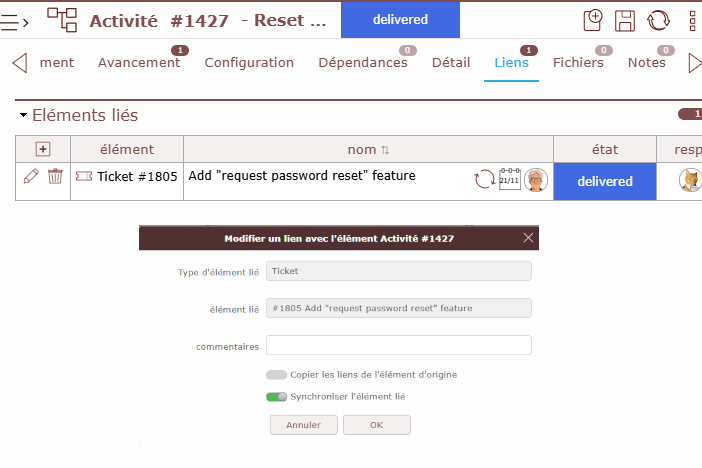 Lien / synchronisation entre ticket et activité pour assurer la traçabilité dans ProjeQtOr
