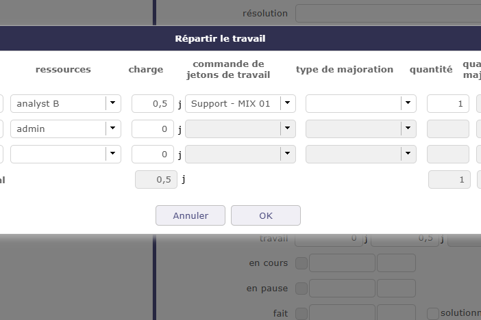 Répartition du travail par jetons sur un ticket dans ProjeQtOr