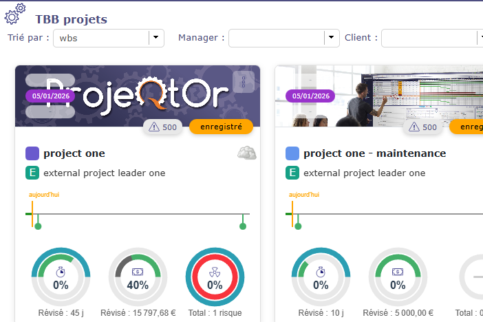 Tableau de bord projets avec indicateurs de suivi dans ProjeQtOr