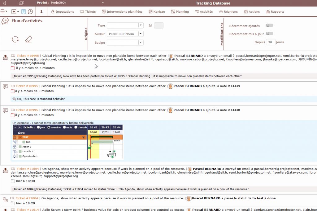 Flux d’activités ProjeQtOr montrant les mises à jour, commentaires et changements d’état