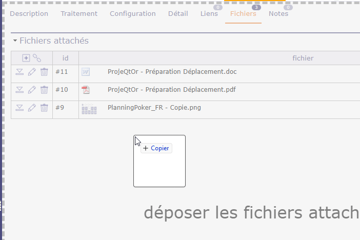 Fichiers attachés à une activité projet avec aperçu dans ProjeQtOr