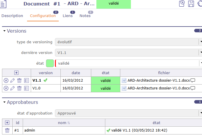Documents projet versionnés avec validation et historique dans ProjeQtOr