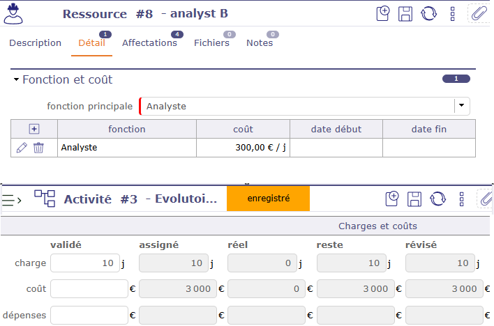 Définition des fonctions et des coûts des ressources avec suivi des charges et des coûts dans ProjeQtOr
