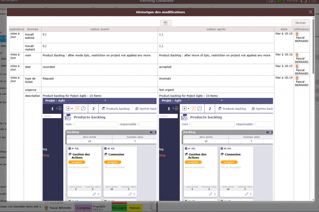 Historique des modifications et traçabilité des changements dans ProjeQtOr