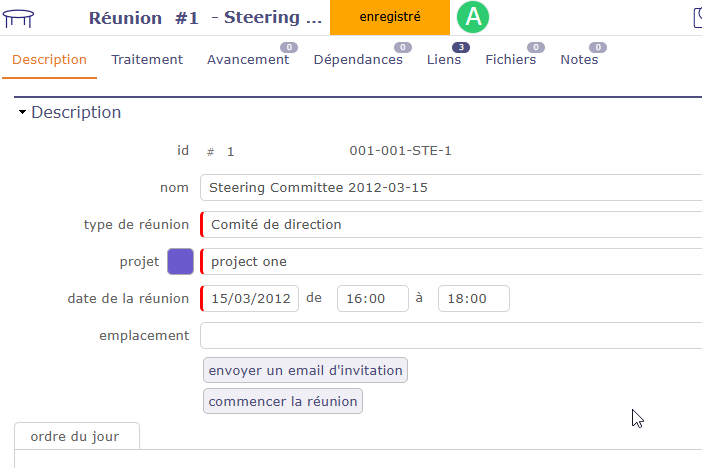 Réunion de pilotage de projet avec ordre du jour et participants dans ProjeQtOr