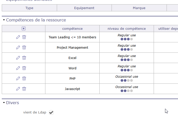 Gestion des compétences et niveaux de maîtrise d’une ressource dans ProjeQtOr