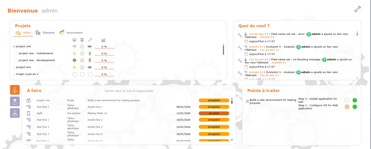 Tableau de bord ProjeQtOr affichant les projets, tâches à faire et points à traiter