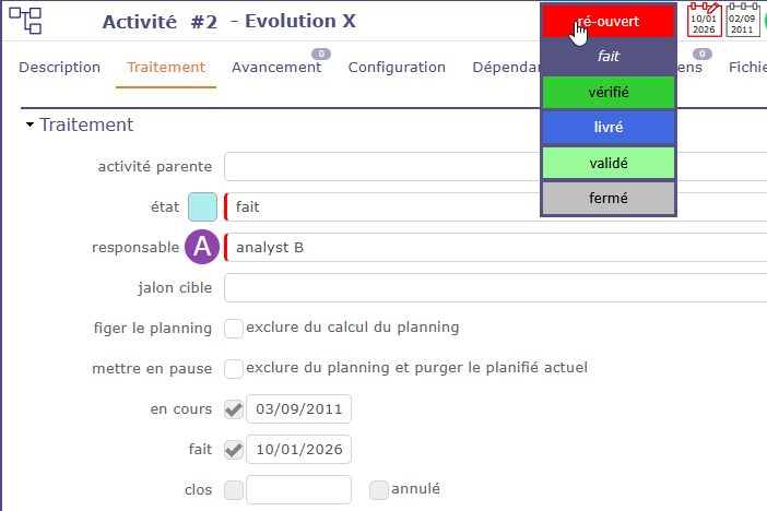 Gestion des statuts et du cycle de vie des activités dans ProjeQtOr